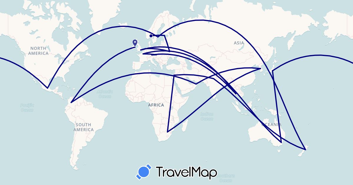 TravelMap itinerary: driving in Austria, Australia, Colombia, Germany, Finland, France, United Kingdom, Ireland, Israel, India, Japan, South Korea, Mexico, Netherlands, Norway, New Zealand, Oman, Sweden, Thailand, Ukraine, South Africa (Africa, Asia, Europe, North America, Oceania, South America)